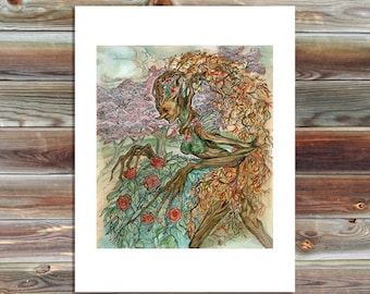 May include: A watercolour illustration depicting a tree-like figure with a flowing mane of leaves and a dress adorned with roses. The figure has a wooden appearance with delicate features, set against a backdrop of pink and green foliage. The artwork is framed in white.