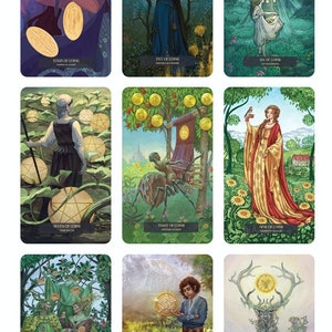 May include: Tarot card deck featuring illustrations of coins, crows, and people in a forest setting. The cards are part of a larger deck of 78 cards.