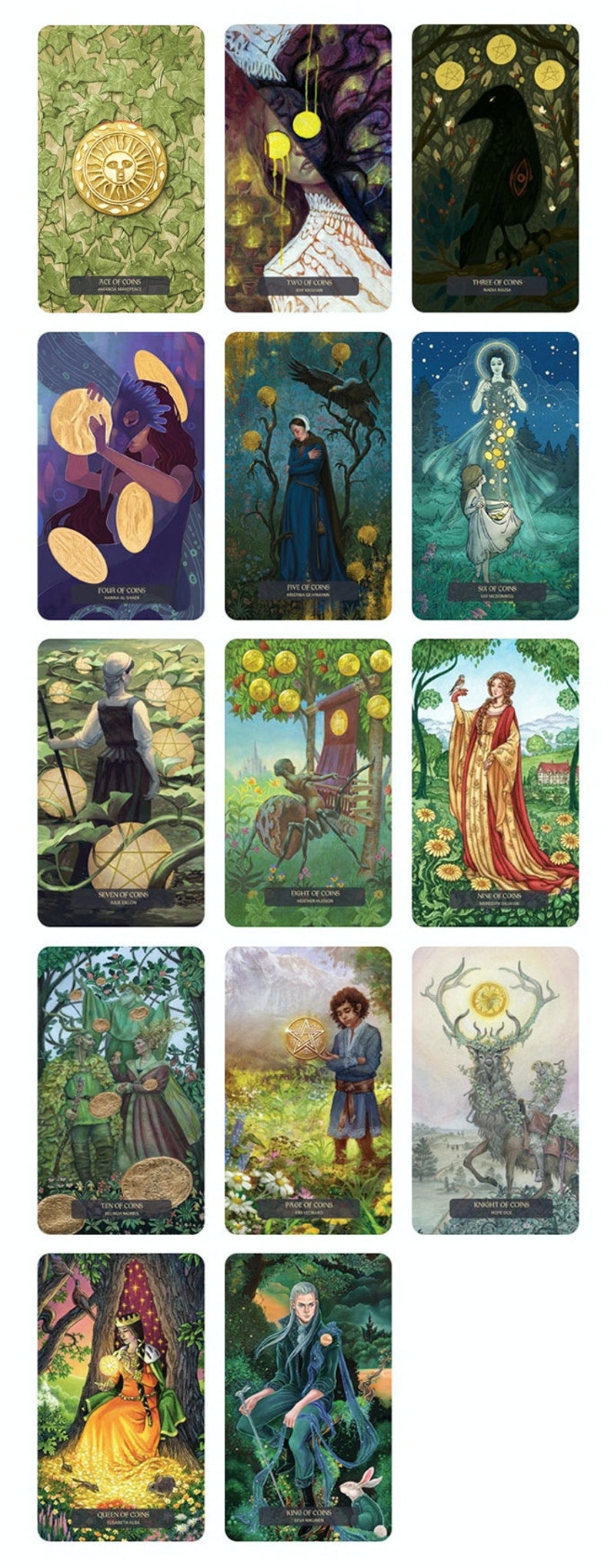 May include: Tarot card deck featuring illustrations of coins, crows, and people in a forest setting. The cards are part of a larger deck of 78 cards.
