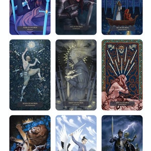 May include: A deck of tarot cards featuring illustrations of swords. The cards depict a range of characters and scenes, including a woman with a blindfold, a knight in armour, and a lion with swords through its body.