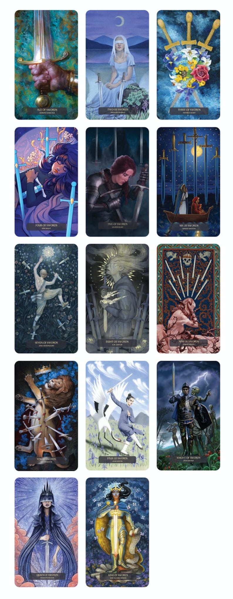 May include: A deck of tarot cards featuring illustrations of swords. The cards depict a range of characters and scenes, including a woman with a blindfold, a knight in armour, and a lion with swords through its body.