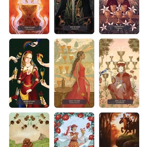 May include: Tarot card deck featuring illustrations of the Cups suit. Each card depicts a unique scene with vibrant colours and intricate details. The cards are arranged in a grid, showcasing the Ace through King of Cups.