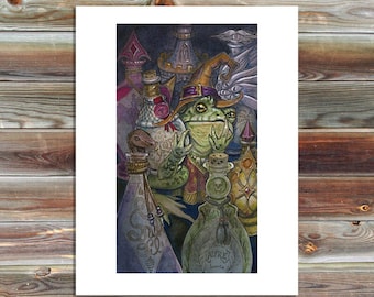 May include: A green frog wearing a purple and gold hat and robe, surrounded by various bottles and jars, some with labels. The frog is holding a small, round object in its hand.