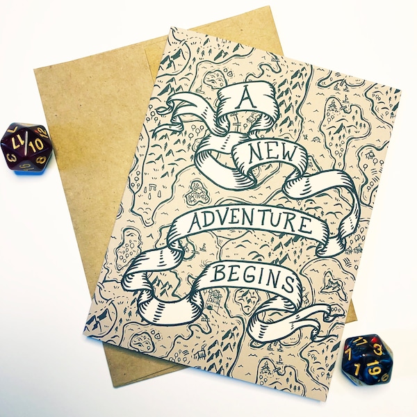 Comienza una nueva aventura: tarjeta de felicitación multipropósito: papelería, felicitaciones, universidad, viaje, nuevo bebé, regalo, rpg, geek, nerd, dnd