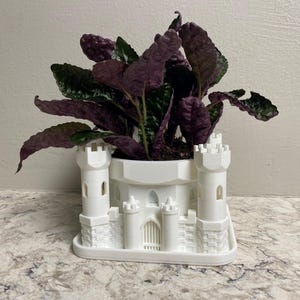May include: A white 3D printed castle-shaped planter with a purple and green plant growing inside.