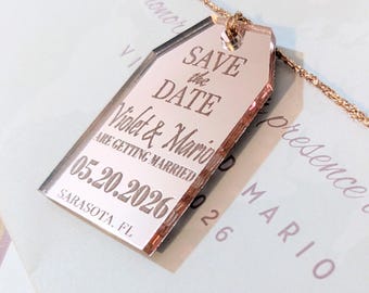 Luggage Tag Save the Date Charms / Engraved Acrylic Accents / Mirrored Acrylic Charms / Engraved Acrylic Wedding Invites / Packs of 10 ea.