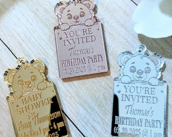 Teddy Bear Invitation/Announcement Charms / Personalized Invitation Accent / Birthday Charms / Engraved Acrylic / Packs of 10 ea.