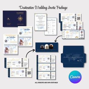 May include: A destination wedding invitation package with a blue and gold color scheme. The package includes a passport-style save the date card, a boarding pass-style RSVP card, and a wedding invitation with a map design. The text on the cards reads "Violet & Mark" and "You're invited to our wedding".
