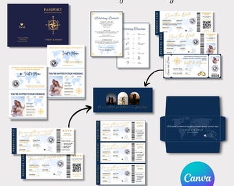 Può includere: Un pacchetto di inviti per matrimonio a destinazione con uno schema di colori blu e oro. Il pacchetto include una carta di salvataggio della data in stile passaporto, una carta RSVP in stile carta d'imbarco e un invito di nozze con un design di mappa. Il testo sulle carte recita "Violet & Mark" e "Sei invitato al nostro matrimonio".