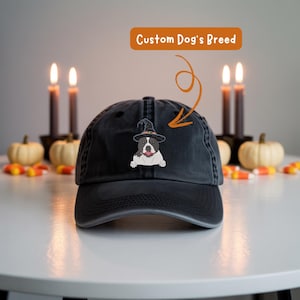 Custom Color Dog Halloween With Hat Embroidered Washed Hat, Ghost & Pumpkin Cotton Cap, Spooky Season, Fun Halloween Gift for Her And Him