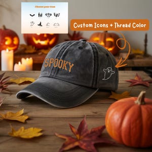 Custom Spooky Season With Halloween Icons Embroidered Washed Hat,  Ghost & Pumpkin Cotton Cap, Spooky Season, Fun Halloween Gift for Her