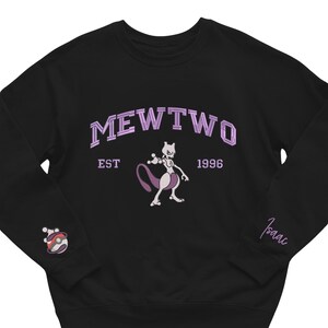 Custom PKM Mew2 Embroidered Sweatshirt, Custom Name on Sleeve, Embroidery Anime Tshirt, PKM University, Anime Unisex Shirt