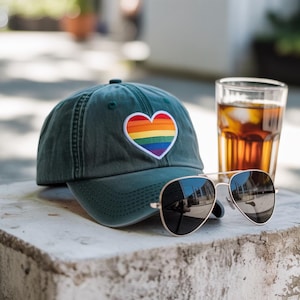 Rainbow Hearts Embroidered Washed Dad Cap, Unisex Gay Pride Hat, LGBT Hat, Minimal Rainbow Queer Pride Hat Gift, Subtle Gay Pride Cap