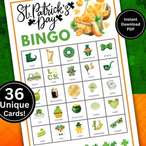 St Patrick&#39;s Day Bingo Game | Family Game Night | St Patricks Day Activities | Printable Party Game Kids | Classroom Games | 36 Unique Cards