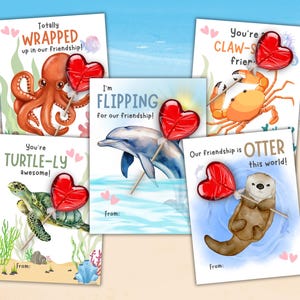 Delphin Valentinstag Karte Lollipop Halter, Dolphin & Ocean Friends | Mit oder ohne Lollipop | Kinder Valentinstag Karte | 5 Designs | Druckbar