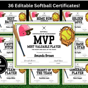 Softball Certificates | Editable in Canva | End of Season Party Awards | Team Award Party Ceremony | Softball Certificate Printable Template