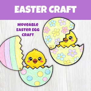 Könnte beinhalten: Farbenfrohe Osterbastelarbeit mit zwei Ostereiern aus Papier und einem Küken, das herauslugt. Ein Ei ist mit Pastellstreifen verziert, das andere mit Blumen und Punkten. Der Text "EASTER CRAFT" steht oben.