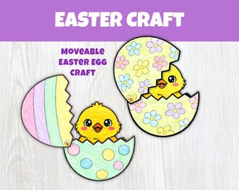 May include: A colourful Easter craft showing two paper Easter eggs with chicks inside. One egg is striped with pastel colours, the other has flowers and polka dots. The text "EASTER CRAFT" is at the top.