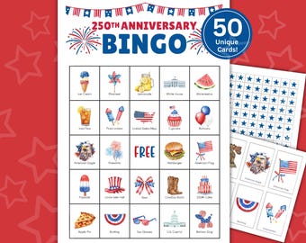 250th Anniversary Bingo Game, 250th Anniversary Activities, 4th of July Games, USA 250th Anniversary Activities, 250th Birthday Bingo Cards
