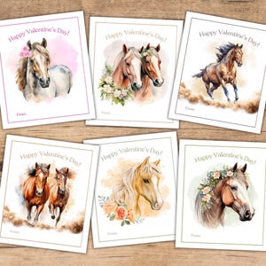 May include: Set of six Valentine's Day cards featuring watercolor illustrations of horses. Each card has the text "Happy Valentine's Day!" and space for a "From" message. The horse images include floral accents.