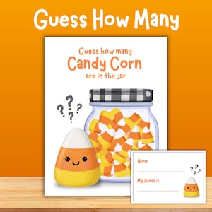 Op de afbeelding: Een Halloween-spel met de tekst "Raad hoeveel Candy Corn er in de pot zitten." De afbeelding toont een pot vol candy corn, een lachend candy corn-personage en een raadkaart. De achtergrond is oranje.