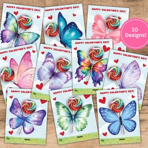 Butterfly Valentine Card Lollipop Holder | Use with or without lollipop | 10 Colorful Designs | Kids Classroom Valentine Cards | Printable