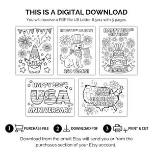 May include: Digital download featuring five coloring pages with patriotic themes. Includes images of fireworks, a gnome, a dog, a cake, and the USA. Text includes "Happy 4th of July!" and "Happy 250th Birthday America!"
