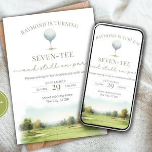 Könnte beinhalten: Eine Einladung mit dem Text "Raymond is turning Seven-Tee and still on par." Die Einladung enthält eine Golfballgrafik und eine Aquarellszene eines Golfplatzes. Die Einladung ist 12,7 cm x 17,8 cm groß.