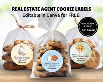 Può includere: Tre sacchetti di biscotti con gocce di cioccolato con etichette rotonde colorate. Le etichette mostrano illustrazioni di latte e biscotti con il testo "La vita è dolce quando hai un ottimo agente!"  "Lavorimo insieme per trovare la tua casa perfetta!" e "Che tu stia comprando o vendendo, sono qui per aiutarti!" Ogni etichetta include il testo "Nome dell'agente" e un numero di telefono. Le etichette sono progettate per essere stampate su etichette rotonde Avery da 2,5 pollici #22830.