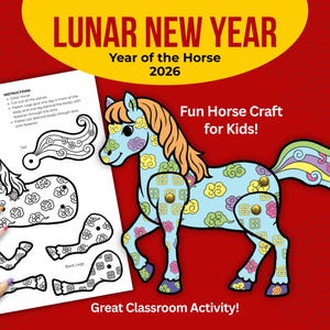 Chinese New Year Horse Craft for Kids, Lunar New Year Activities for kids, Classroom Activity Horse Craft, Printable Paper Craft for Kids