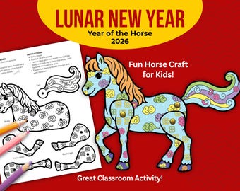 Chinese New Year Horse Craft for Kids, Lunar New Year Activities for kids, Classroom Activity Horse Craft, Printable Paper Craft for Kids
