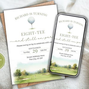 Op de afbeelding: Een uitnodiging met golfthema met de tekst "Richard is turning Eight-Tee and still on par". De uitnodiging is 12,7 cm x 17,8 cm groot en bevat een aquarel illustratie van een golfbaan. De datum is 29 september.