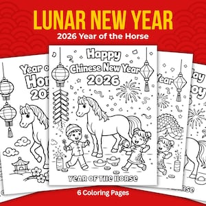 以下が含まれることがあります： 旧正月をテーマにした6枚の塗り絵セット。各ページには、馬、子供、提灯、花火の線画イラストが描かれています。「旧正月2026年の干支」と「ハッピーチャイニーズニューイヤー2026」というテキストが含まれています。