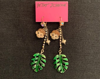Betsey Johnson Jungle Fever rhinestone pave monkey with enameled leaves earrings jewelry NWOT all item prices include US tariffs