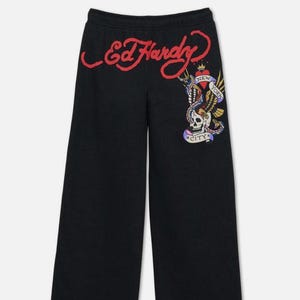 Pantalones deportivos acampanados Ed Hardy Y2K de terciopelo negro con diseño de calavera de Nueva York y tatuajes, talla L, nuevo lanzamiento