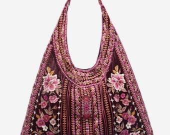 Johnny Was Ultra Plush Velvet Boho Hobo Bucket Tote Purse Bag NWOT