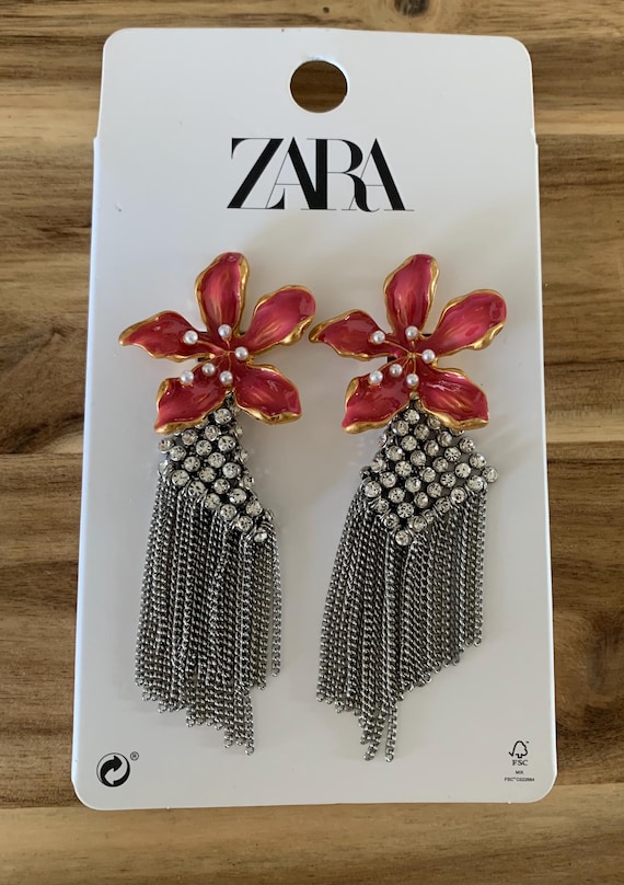Zara Enameled Flower With Rhinestone Fringe Earrings Jewelry NWT