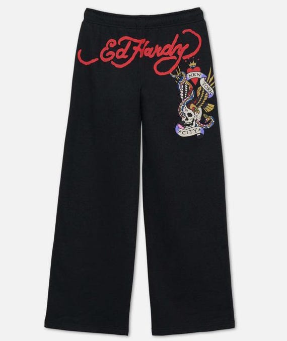 Ed Hardy Y2K Black Velvet NYC Skull Tattoo Flared Sweatpants