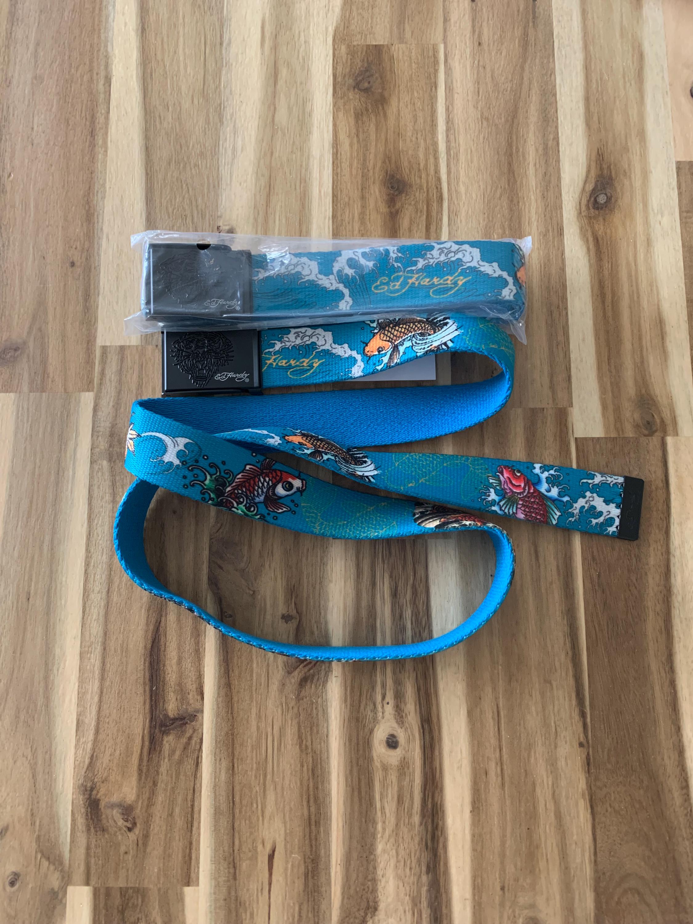 Ed Hardy Y2K Fish Tattoo Vintage Blue Belt Adjustable Length 