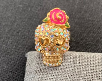 Betsey Johnson rhinestone sugar skull with rose flower statement ring jewelry Size 7.25 NWOT All item prices include US tariffs