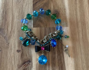 Betsey Johnson Vintage Charm Bracelet: Blue Bow, Key & Heart