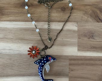 Betsey Johnson enamel Dolphin with rhinestone flower long Necklace vintage jewelry NWOT