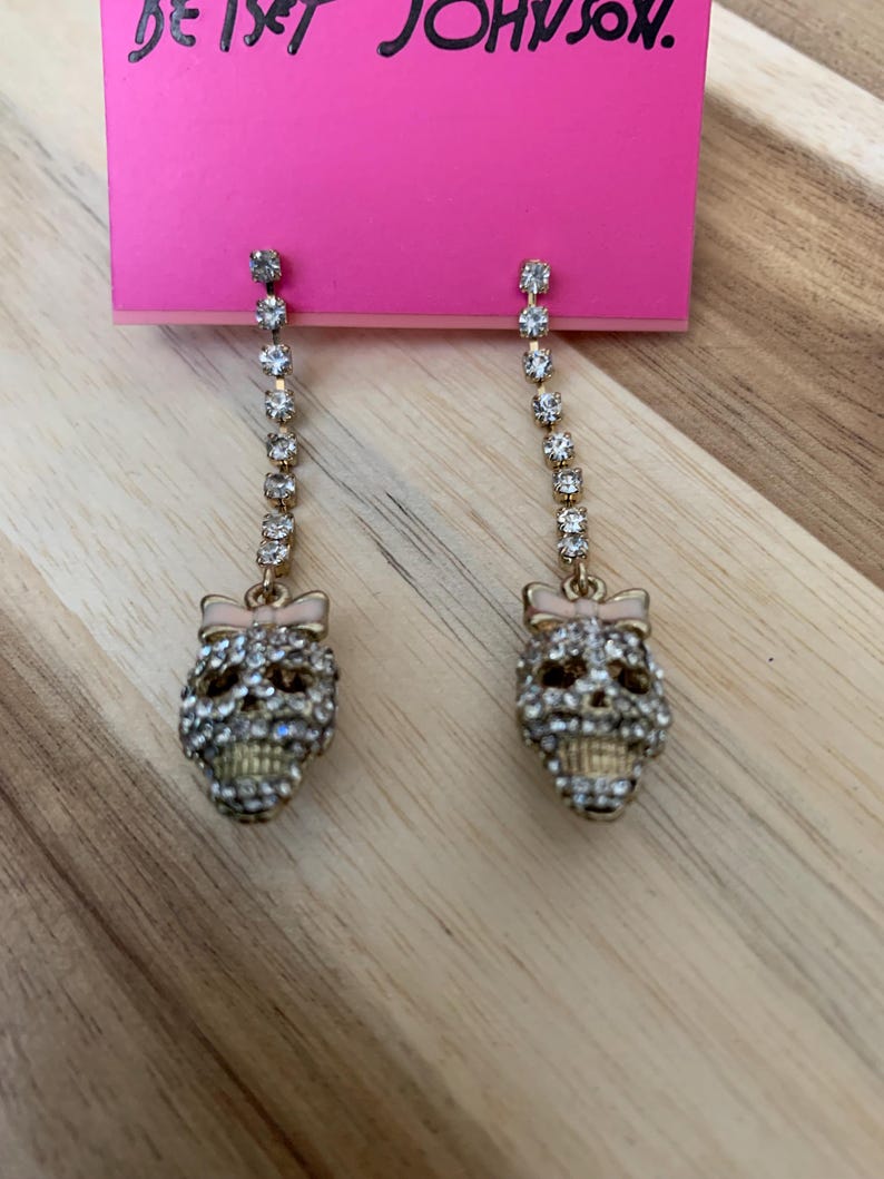 Betsey Johnson Rhinestone Sugar Skull With Bow Earrings Jewelry All ...