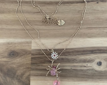 Betsey Johnson pink Strass Spinne mit Blume Doppelstrang Halskette Vintage Schmuck NWOT