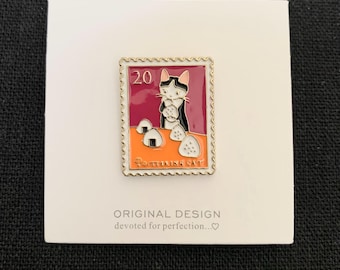 Pottering Cat stamp design enameled pin/ brooch/ badge