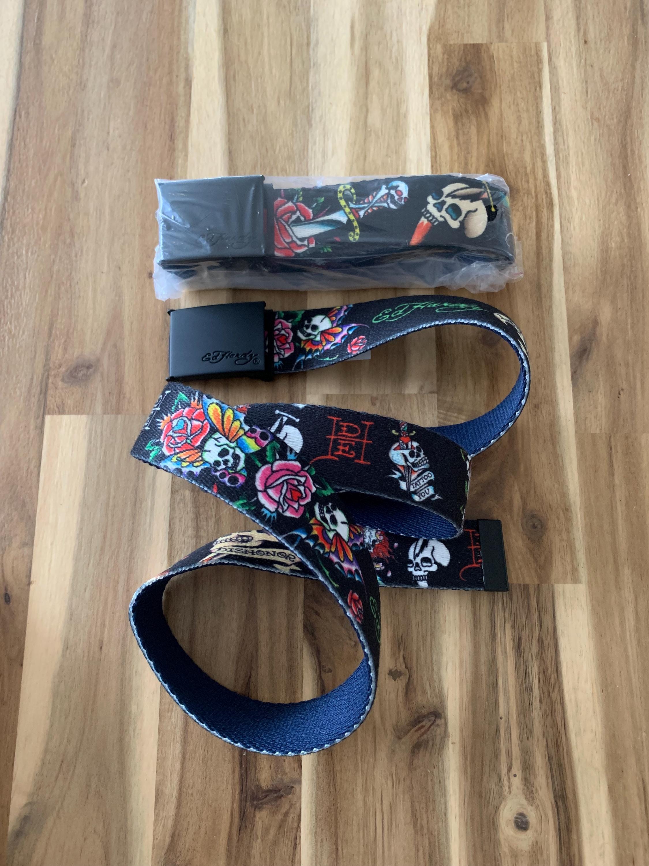 Y2K Ed Hardy Tattoo Print Leather Belt | Rhinestone Buckle | 46” Ed Hardy Vintage All Print Belt Skull buckle Tattoo Y2K main image 3