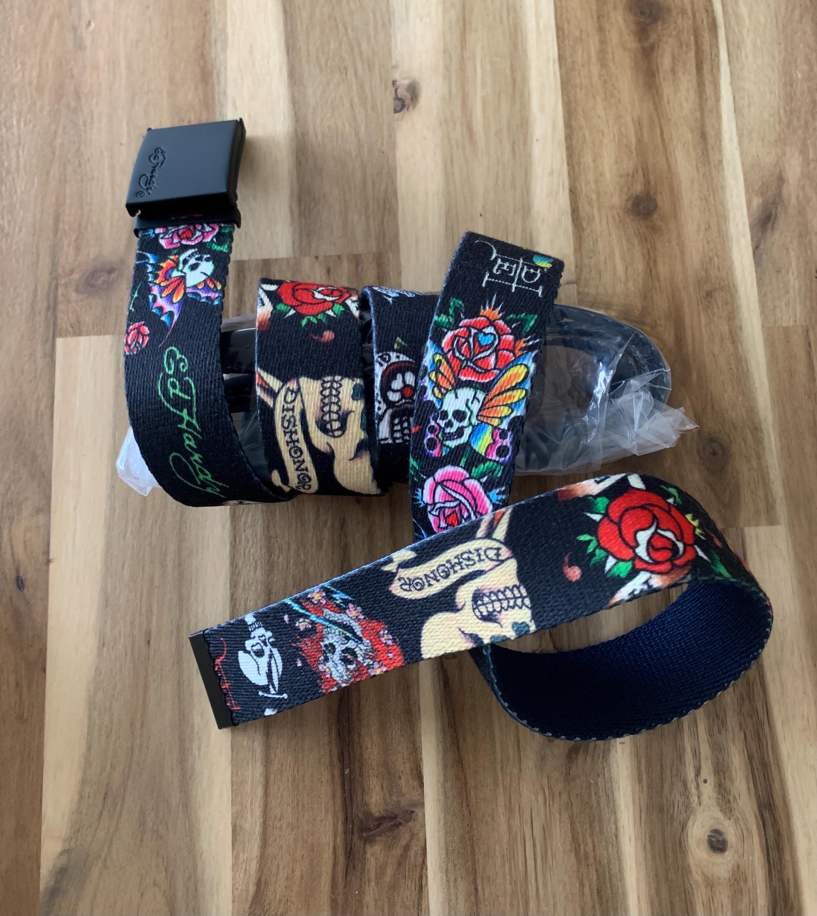 Ed Hardy Y2K Leather Pink Floral Tattoo Dagger Skull Studded Leather Belt Ed Hardy Y2K Skull With Rose, Knife Tattoo Vintage Belt  main image 3