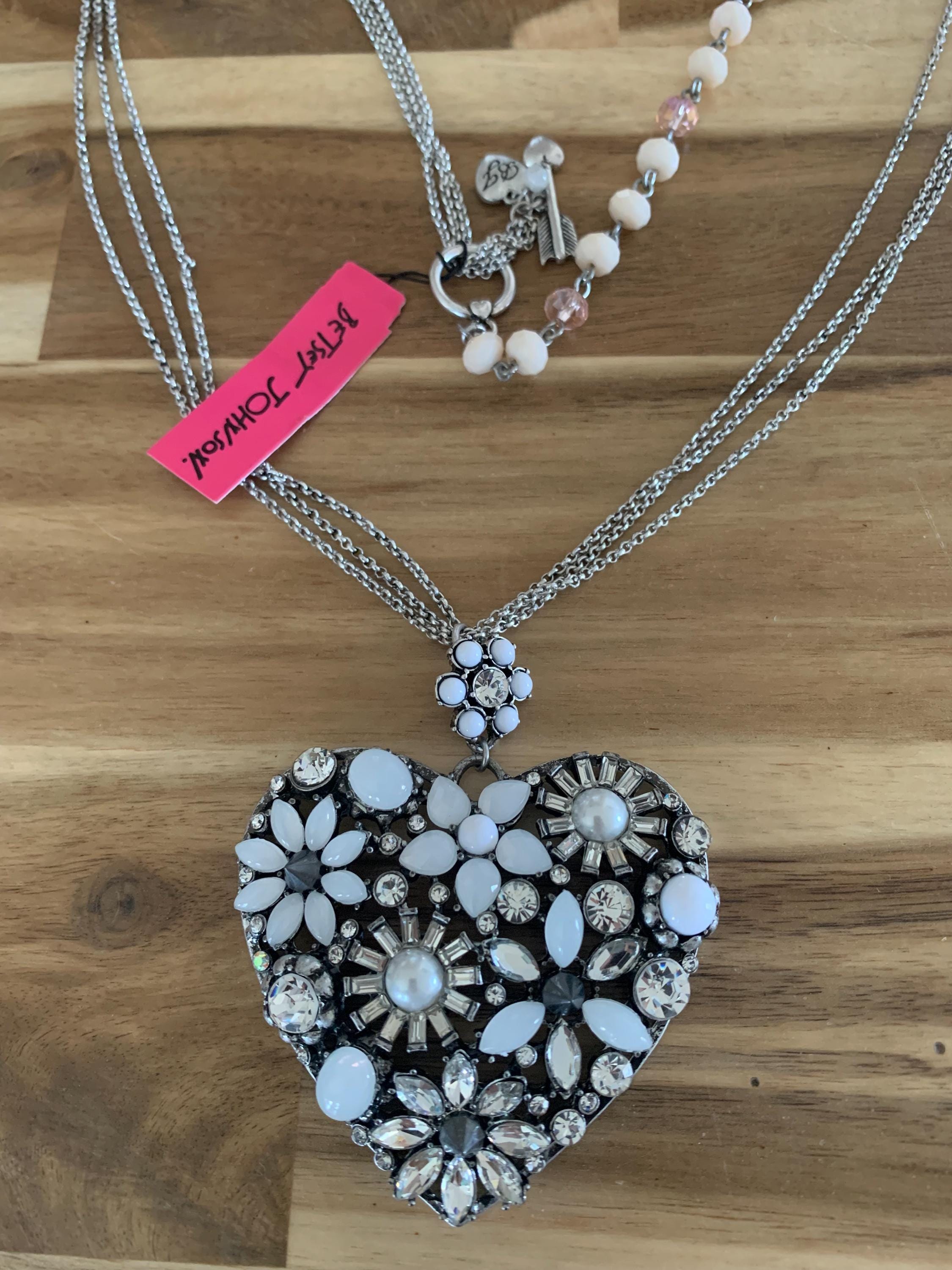 Betsey Johnson Rhinestone Pave Heart Pendant Long Necklace Jewelry 