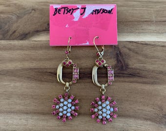 Betsey Johnson pink rhinestone and pearl paved flower drop Earrings vintage jewelry NWT all item prices include US tariffs
