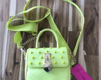 Betsey Johnson Citron Green Studded Crossbody Bag: Heart Lock Handbag all item prices include US tariffs